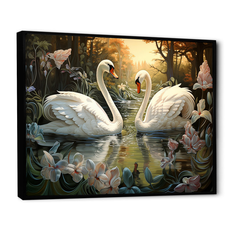 Cygnes et amour éternel sur toile, H 34 po x l 44 po x P 1,5 po, Cadre flottant noir