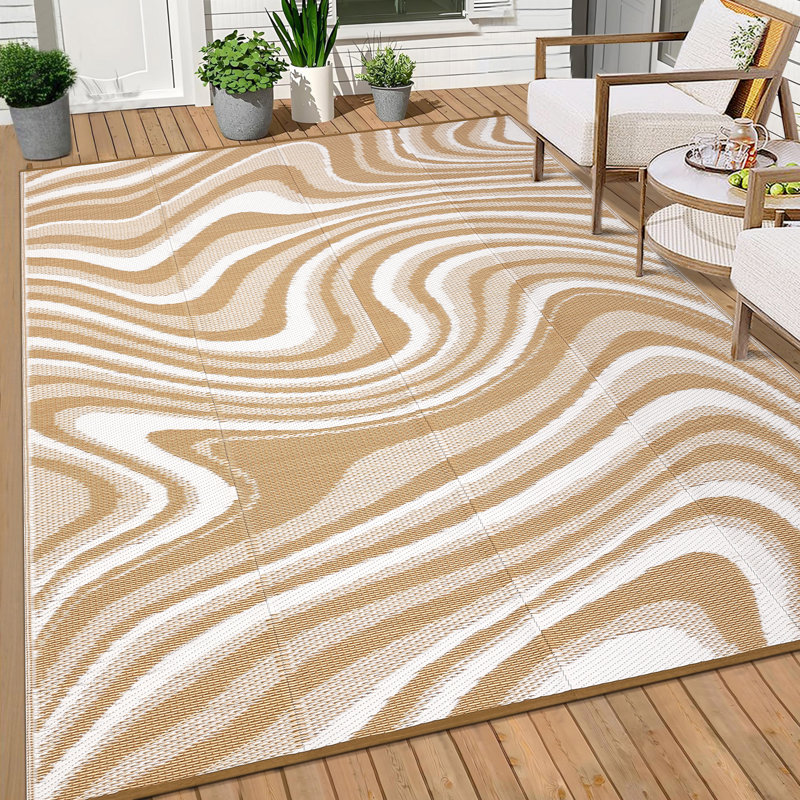 Waterproof Outdoor Patio Rug – Reversible Modern Striped Plastic Straw Mat with Rubber Backing, Easy Clean Collapsible Carpet for Camping, Deck, RV, Backyard – Brown/Coffee/White, 9x18ft (274x549cm)