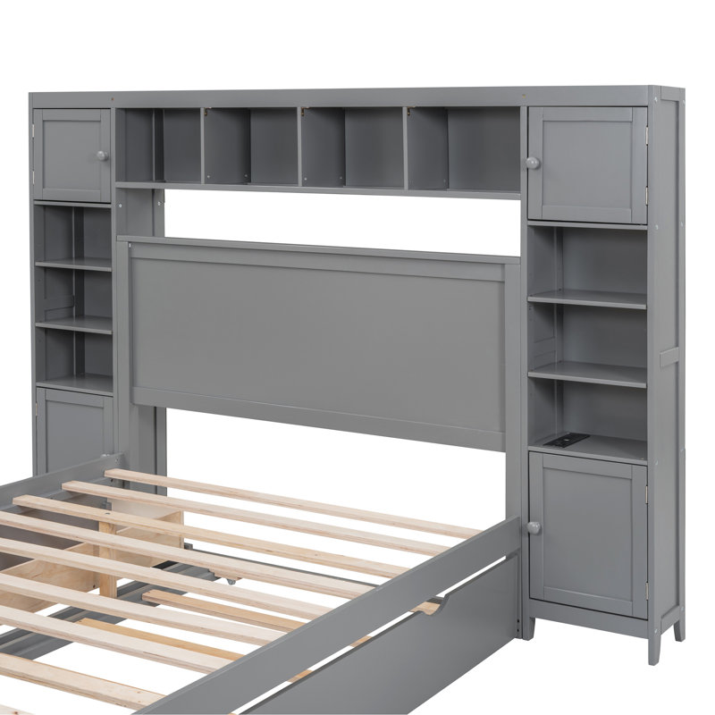 Lit en bois massif avec rangement intégré, tablettes et prises, lit gigogne plus pour plus d'espace, Gris