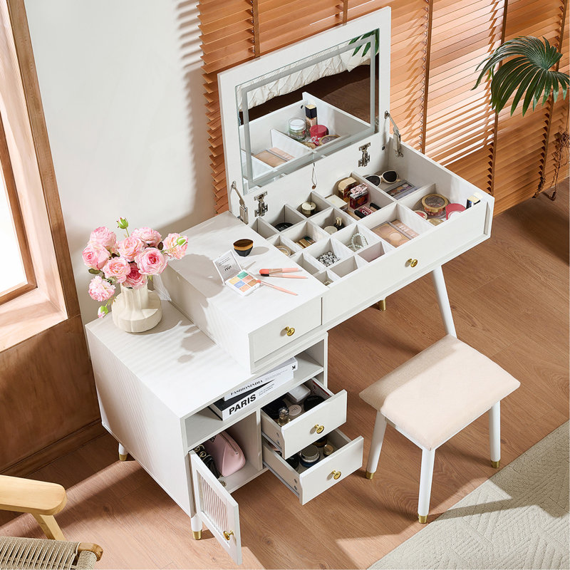 Bureau de coiffeuse 3 en 1 avec miroir basculant éclairé et armoire réglable, coiffeuse à maquillage avec tabouret, commode avec tiroirs pour la chambre à coucher