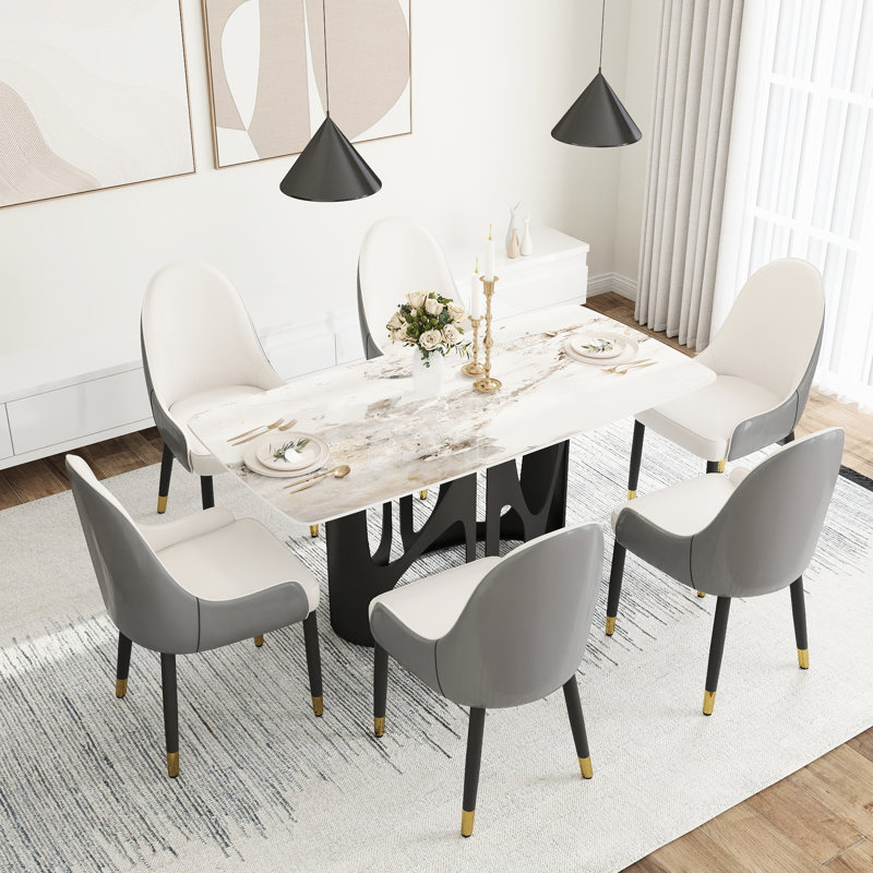 63" Modern Sintered Stone Table For Dining - Black Metal Frame, Marble White Panel, 6 Seating, To Stains And Heat 6 Person Legs, Appearance, Scratches