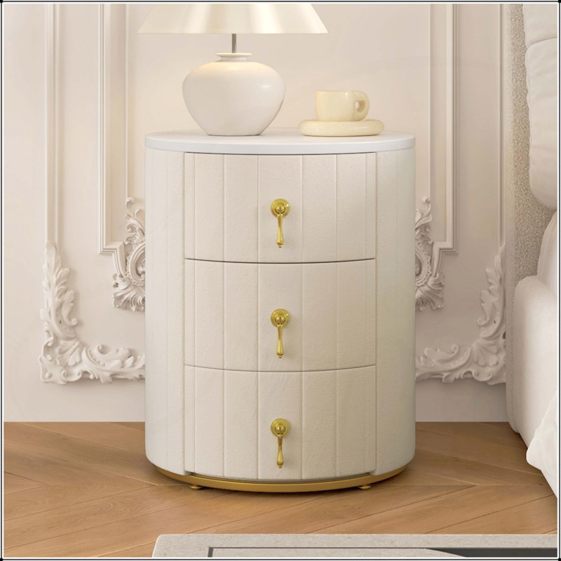 Table de chevet rembourrée avec 3 tiroirs, table de chevet ronde, plateau d'autocollants marbré pour un décor de chambre à coucher élégant, entièrement assemblé sauf les poignées