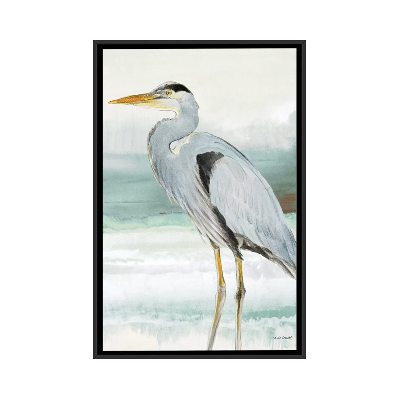 Reproduction d’art, "Heron on Seaglass I" par Lanie Loreth, H 40 po x l 26 po x P 1,5 po, Toile avec cadre noir, Pas de tapis
