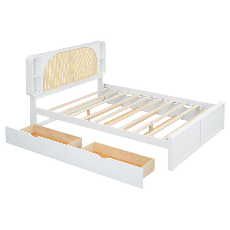 Grand lit en rotin avec deux tiroirs et lit gigogne, Blanc
