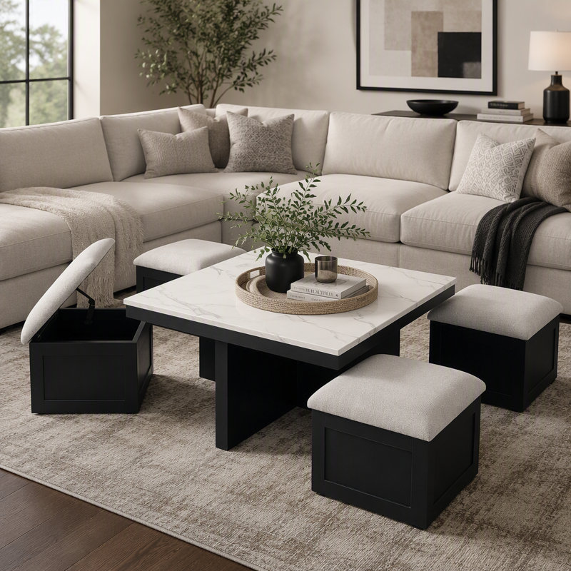 Ensemble de salon 5 pièces avec table basse en faux marbre et poufs de rangement