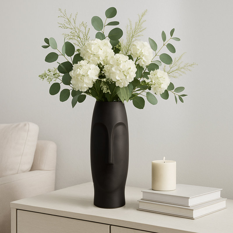 Amyanne Sculptural Ceramic Table Vase, Black, 14" H x 5" W x 5" D