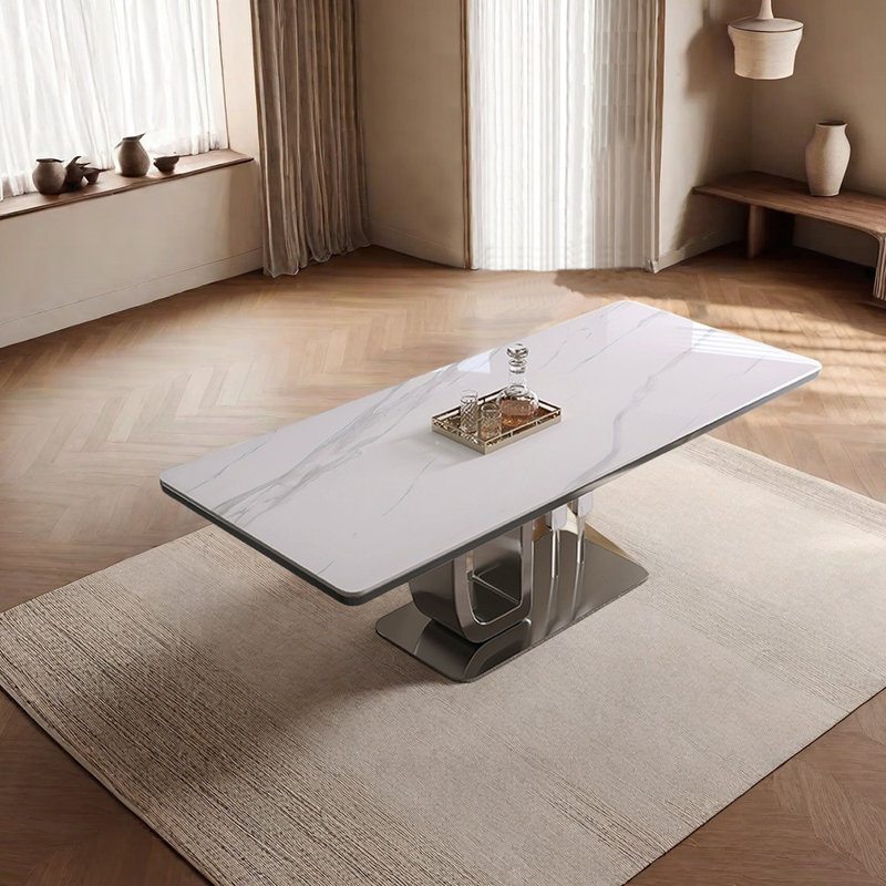 Table de salle à manger en acier inoxydable, H 29,53 po x L 70,87 po x l 33,46 po, Blanc