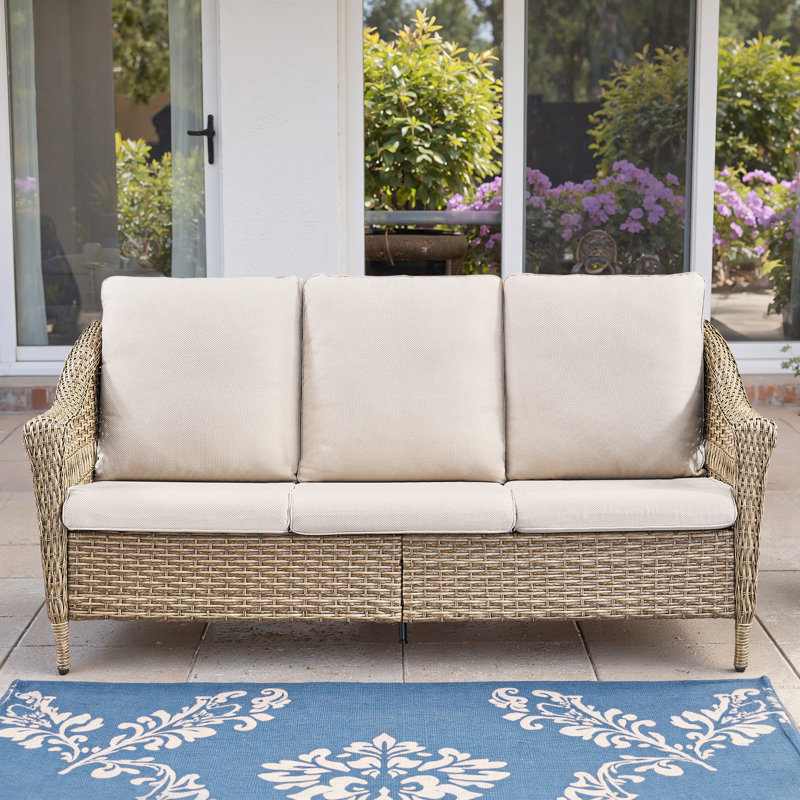Quirama All-Weather Rattan Outdoor Courtyard High Backrest Sofa With Cushions, Beige Cushion/Oak Frame