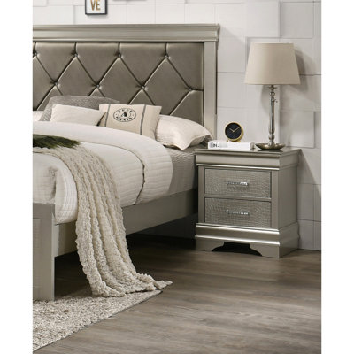 Champagne Finish Nightstand With 2 Drawers, Modern Decor, Solid Wood, Diamond , And Crocodile Texture Two Wood In Finish, Presenting