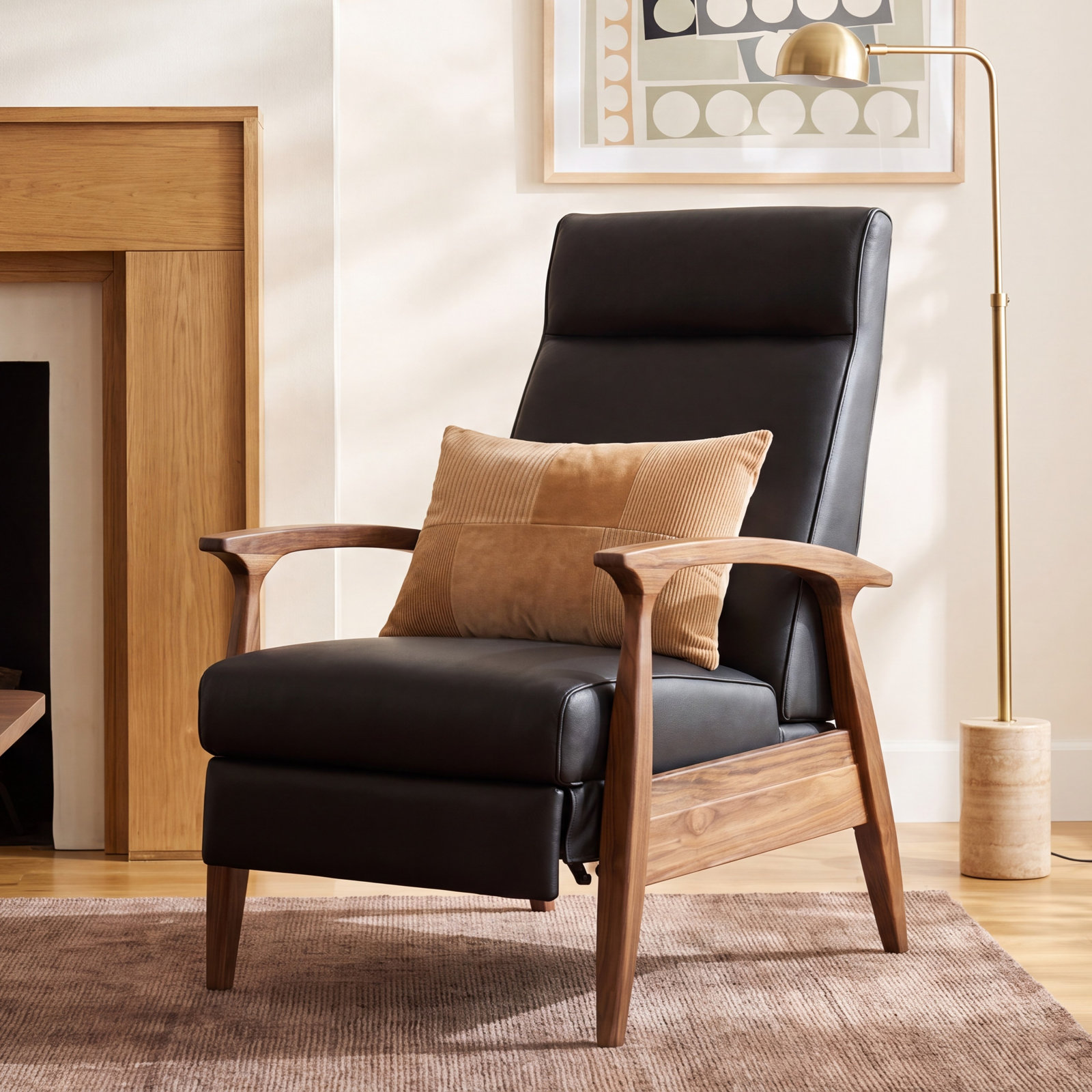 Piedmont 26" Genuine Leather Manual Recliner, Black, Walnut Wood
