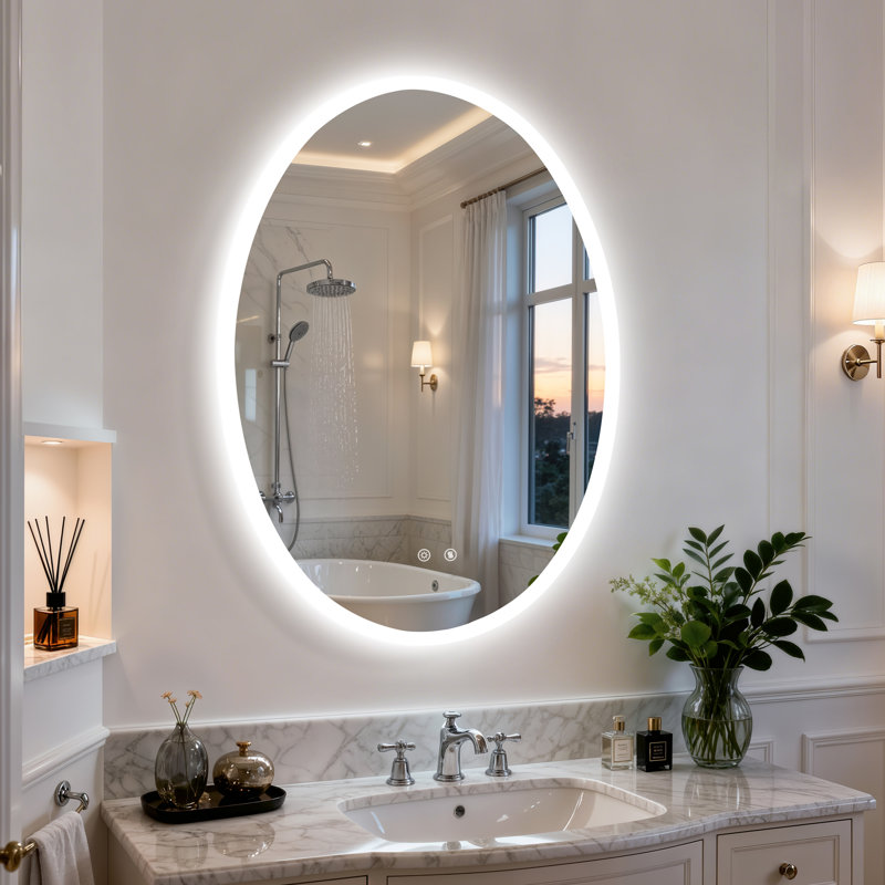Oval LED Lighted Bathroom Mirror Backlit with Defog Memory Function , 70x90cm