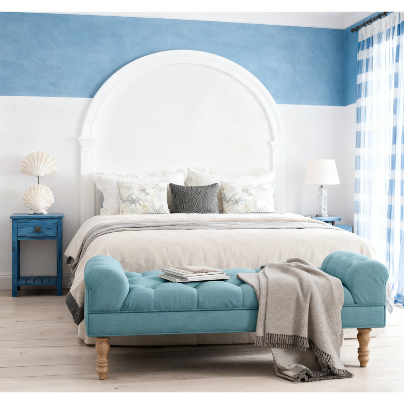 Button-Tufted End of Bed Bench with Rolled Arms, Dusty Teal
