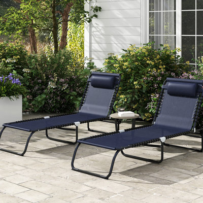 Chaise de patio pliante 2 pièces, chaise longue d'extérieur bleu foncé avec dossier inclinable, coussin, filet respirant et fauteuil en élastique 2