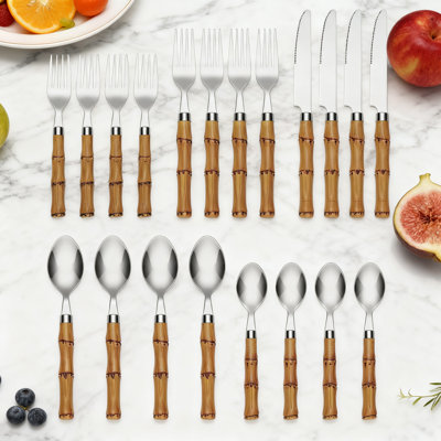 Ensemble de couverts 20 pièces pour 4 personnes avec poignées en bambou, argenterie en acier inoxydable 18/0, ensemble de couverts allant au lave-vaisselle avec couteaux, fourchettes et cuillères pour les repas de tous les jours
