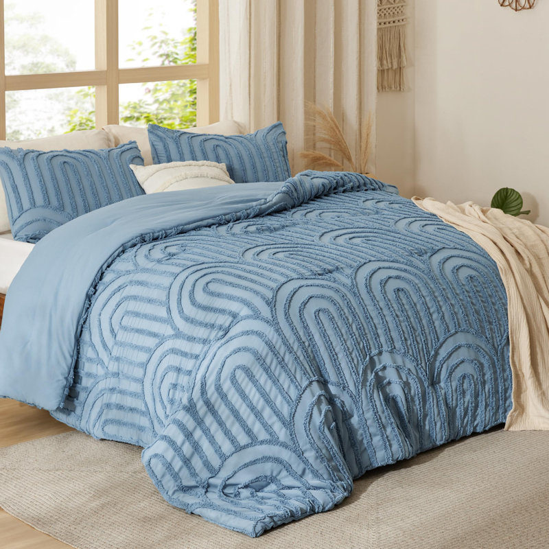 Comforter Set-Arch Jacquard Boho Bedding Sets, King Comforter + 2 King Shams, Grayish Blue