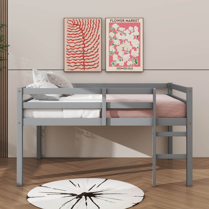 Full-Sized Bed Frame, Short Rubberwood  Loft Bed With Steps, Gray