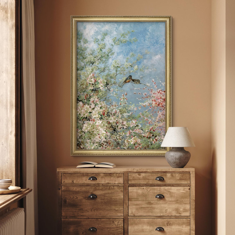 "Oiseaux sur des branches en fleurs, impressionisme, décoration murale encadrée dorée", Non