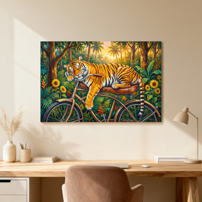 Animaux, tigre, bicyclette, scène de la jungle, H 12 po x l 18 po, Toile tendue, Ne s’applique pas
