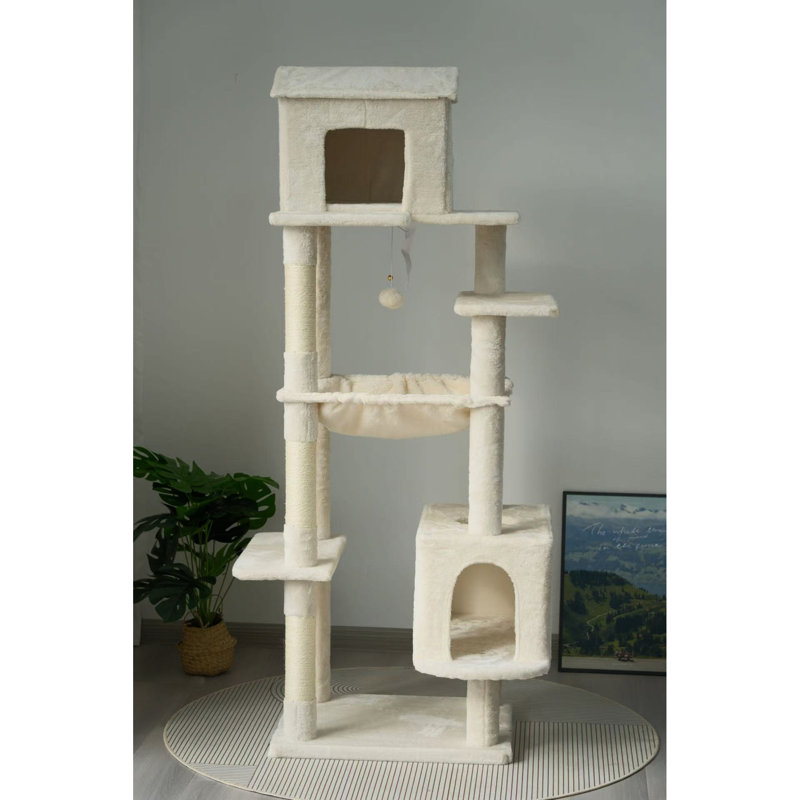63 Inches Multi - Level Cat Tree In Grey Equipped With 5 Levels, Scratching Posts, Soft Hideaway And A Fun Dangling For Cats' Adventure Areas, Exploration