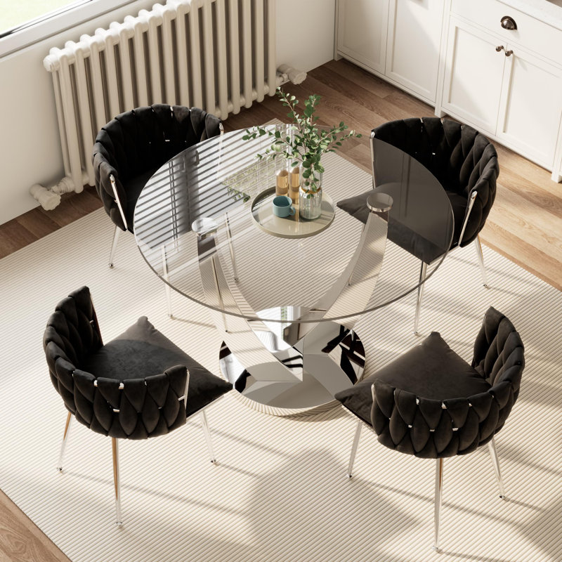 47.2" Round Glass Dining Table Set for 4, Clear Round Kitchen Set with 4 Upholstered Velvet Chairs, for Kitchen, Dining and Space Saving