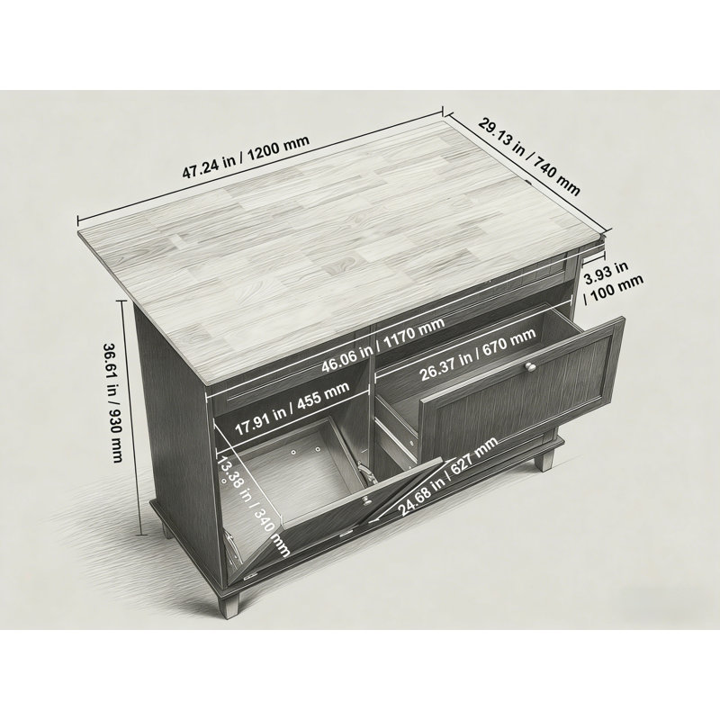 Kitchen Island Cart with Drawer, Trash Cabinet, and Multi-Functional Storage for Modern Cooking Spaces.