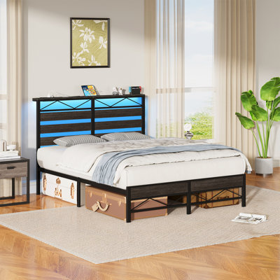 Stinnett Bed Frame with Headboard, LED Bed Frame with Storage Headboard and Charging Station