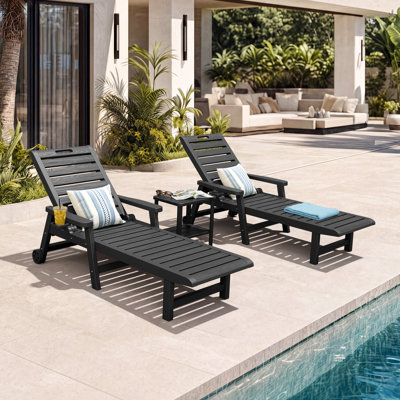 Ensemble de chaises longues en PEHD de 2 - dossier inclinable réglable à 5 positions avec roues et porte-gobelet, chaises de piscine d'extérieur résistantes aux intempéries