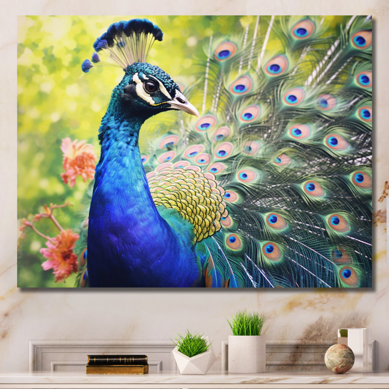 «Vibrant Peacock I» - art mural paon, Toile tendue, H 16 po x l 32 po x P 1 po