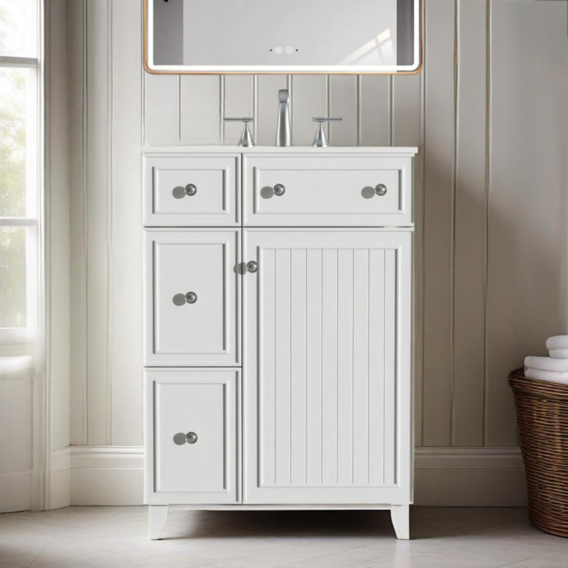 Meuble-lavabo 24 po avec lavabo en céramique, 2 tiroirs, 1 porte, Blanc, Argent argent