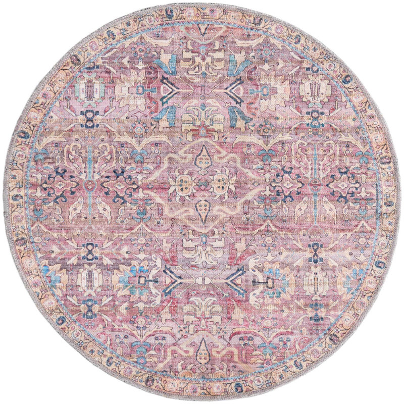 Tapis rose tissé à la machine Gwaltney, Rond 3 pi 3 po x 3 pi 3 po
