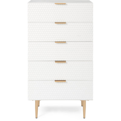 Adore Decor Jolie Contemporary Tallboy Dresser Drawer Chest, 5 Drawer Storage with Gold Metal Accents, White
