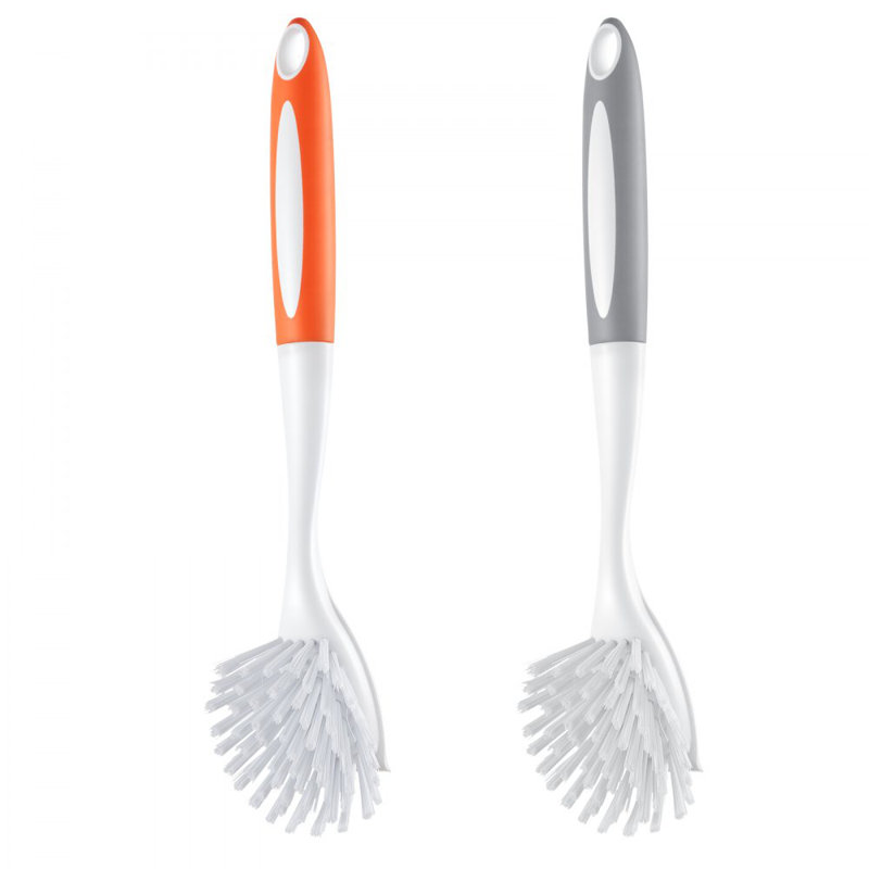 Brosse à vaisselle, brosses de cuisine avec poignée en PP, brosses à vaisselle avec poils courbés, idéales pour les casseroles, poêles, éviers et cuisinières, gris et orange