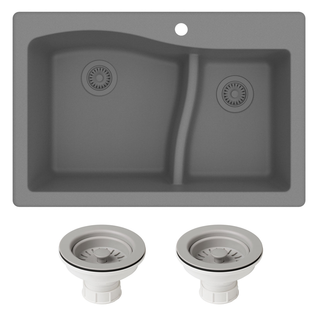 KRAUS Quarza™ 33" L Dual Mount 60/40 Double Bowl Granite Kitchen Sink and Strainers Kraus