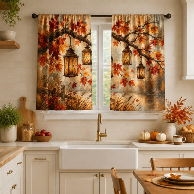 2Pcs Autumn Lantern Maple Leaf Curtains, Rustic Vintage Scene Light Filtering Curtain For living bedroom Kitchen Window Drapes, Wall Decor, Home, Fall