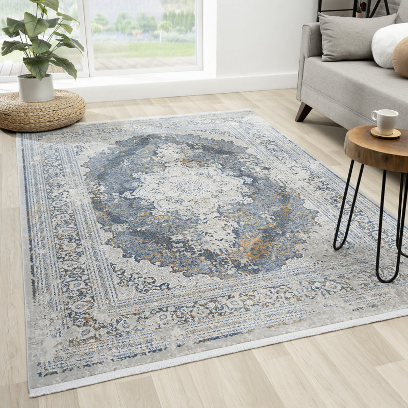 Tapis oriental bleu / gris, Rectangle 5 pi x 7 pi