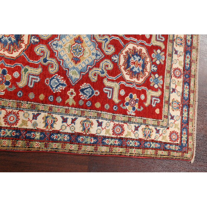 Tapis rouge en laine noué à la main de conception unique 2 pi 8 po x 3 pi 10 po