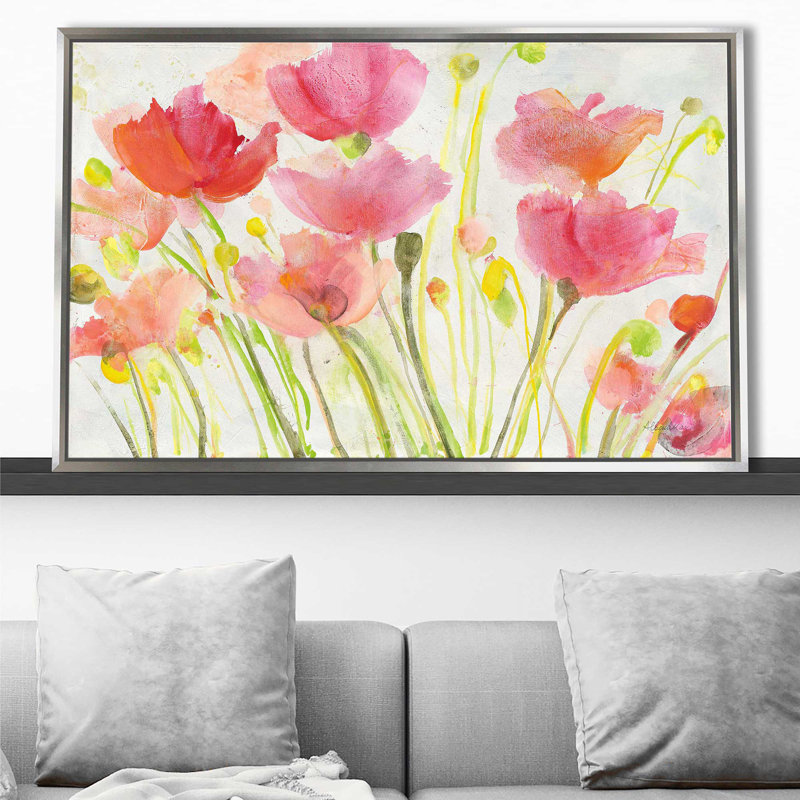 Coquelicots fluorescents - Peinture, Cadre flottant argent, H 21,5 po x l 33,5 po x P 2 po