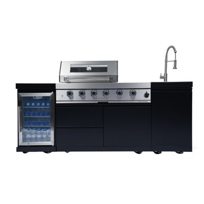 85-Inch 4-Burner 72000 BTU Deluxe Stainless Steel Gas Outdoor Kitchen Bar Barbecue Island Grill  + Wine Cooler Compact Refrigerator + Rotisserie + Stainless Steel Countert + Storage Cabinets & Drawers