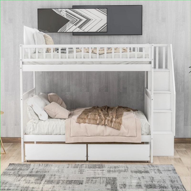 Structure de lit superposé double en pin massif blanc dans les tons, espace de rangement compact pour plusieurs personnes dans les chambres partagées