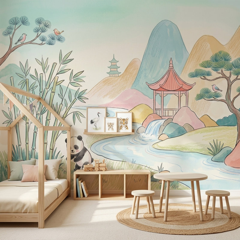 Papier peint paysage asiatique Panda, Texturé non collé, 120 po x 96 po