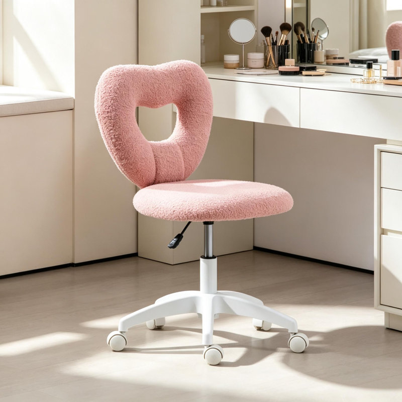 Chaise de bureau pivotante mignonne, chaise pivotante avec dossier en forme de cœur, chaise de bureau sans accoudoirs, chaise de coiffeuse pivotante