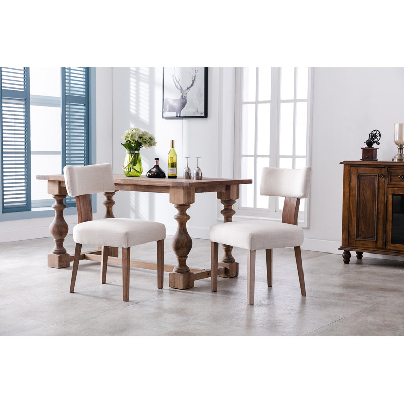 Inelda Upholstered Linen Dining Chairs with Wood Legs, Linen Beige/Brown