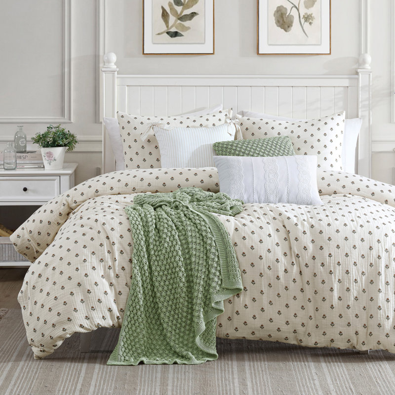 Ivory Cotton King Comforter Set with Floral Print