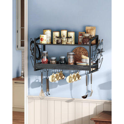 Support mural suspendu pour casseroles, organisateur de casseroles et couvercles à 2 niveaux, support mural avec 12 crochets, pour le rangement des casseroles, poêles et ustensiles de cuisine (noir anthracite)