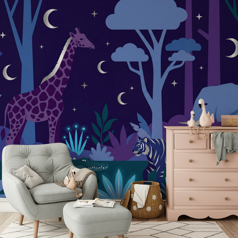 Murale sombre animaux de la nuit, L: 170 po x H: 108 po, Peler et coller