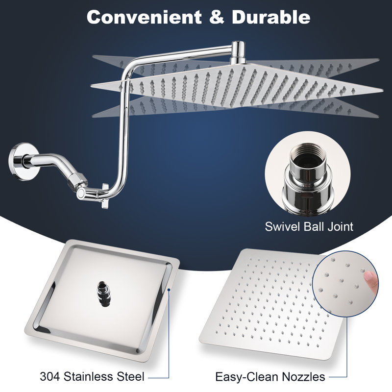 Chrome Square Adjustable Rain Shower Head with Extended Arm