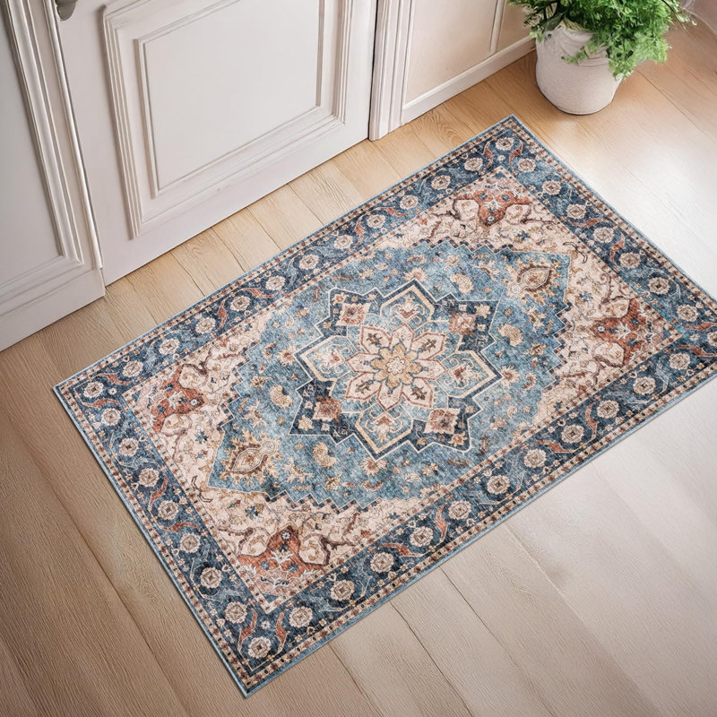Devoria Oriental Cotton Machine Printed 80cm X 150cm Area Rug, Rectangle 80 x 150 cm, Blue 