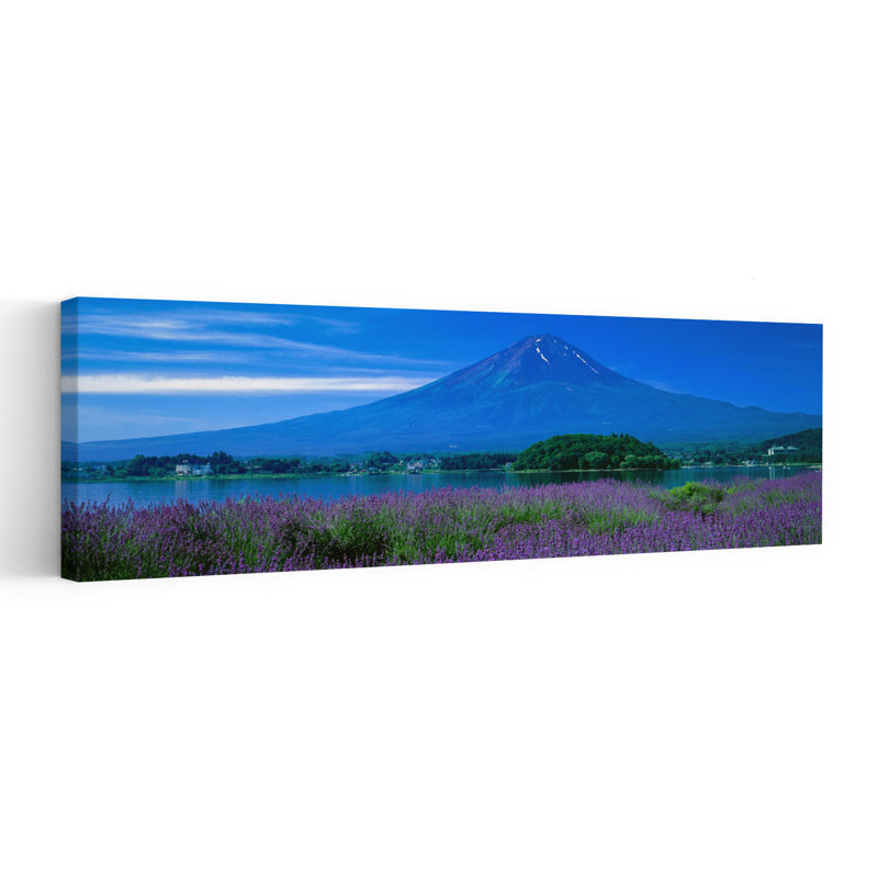 Mont Fuji, Japon, art contemporain abstrait avec fleur de lavande, H 20 po x l 60 po