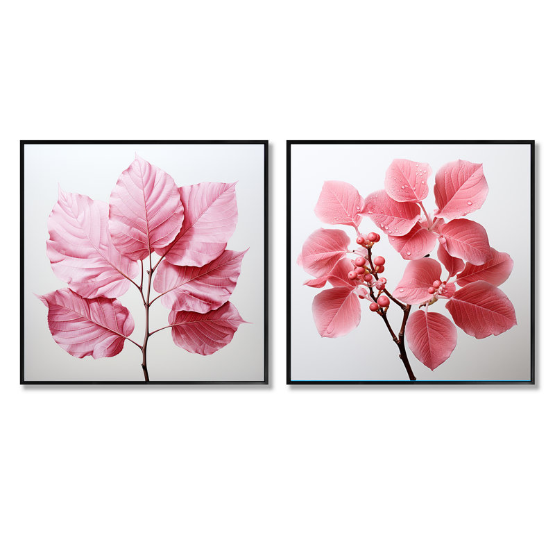«Pink Leaves» Rose Radiance - ensemble de 2 feuilles carrées, Cadre flottant noir, H 36 po x l 73 po