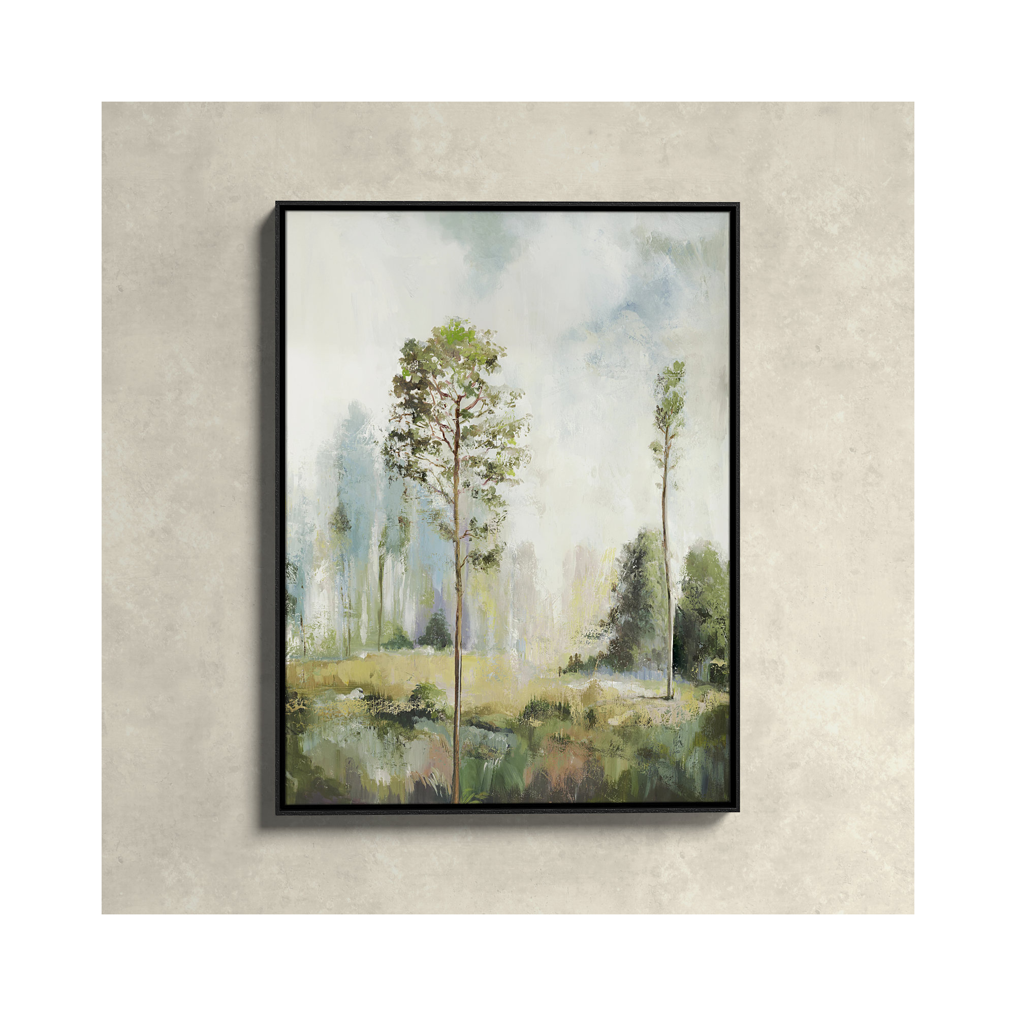 Tall Green Trees I by Teton Pearce - Floater Frame Print on Canvas, 41.5" H x 31.5" W, Black